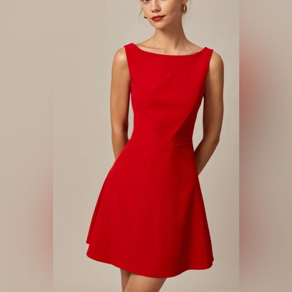 RIHOAS The Red Boat Neck High Waisted Mini Dress Small Red NWT IN PACKAGE